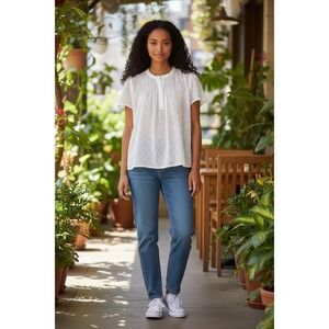 Womens White Dobby Textured‎ Short Sleeve Henley Blouse Top Size Medium
